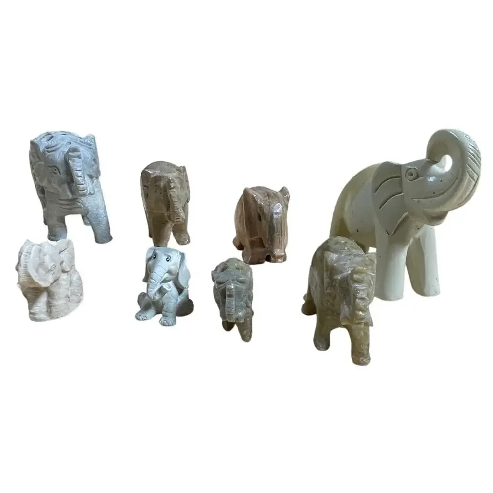Vintage Set of 8 Marble and Soapstone Handcarved Elephants Great Condition